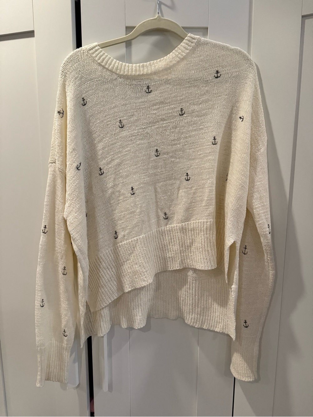 Cream Anchor-Embroidered Knit Sweater